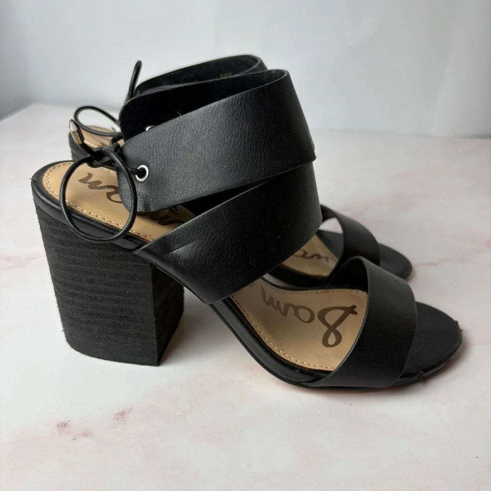 Sam Edelman Valerie Black Lace Up Block Heel Sandals Womens 7M Open Toe Chunky